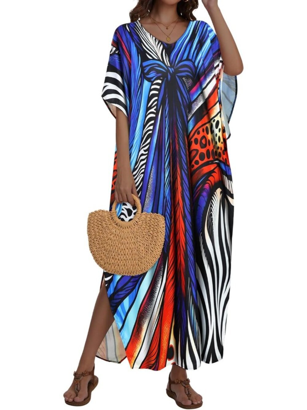 γ½οΈWomen Blue Bowknot Plus Size V Neck Caftan Long Batwing Sleeve Cover Up